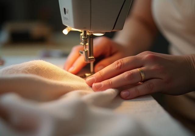 Close-up image of hands working with fabric, symbolizing craftsmanship.