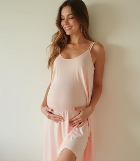 Model wearing comfortable maternity dress for everyday.