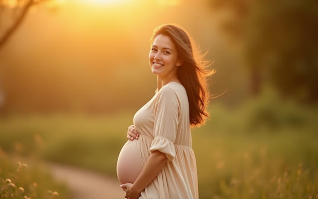 Beautiful pregnant person smiling, wearing comfortable Maatritva Threads clothing.
